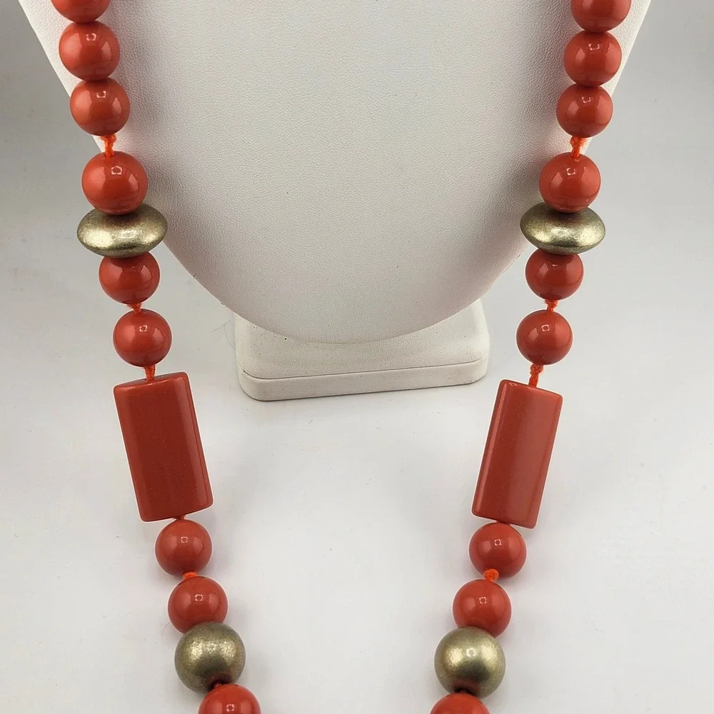 Talbots Coral Orange‎ Beaded Statement Necklace with Geometric Accents